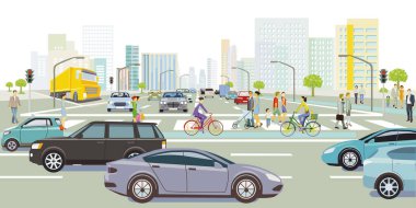 Oto auf der Strassenkreuzung im Verkehrsstau mit Fugngerberweg, Illustration