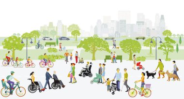 Şehir parkı illüstrasyonunda nesiller boş zamanlarında dinleniyor.