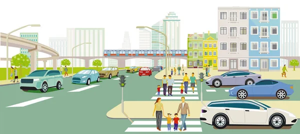 People Crosswalk Road Traffic Illustration — Stock Vector