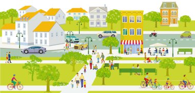 City silhouette with pedestrians in residential district, illustration