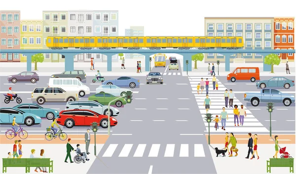 Car Road Junction Traffic Jam Pedestrian Crossing Illustration — Stock Vector
