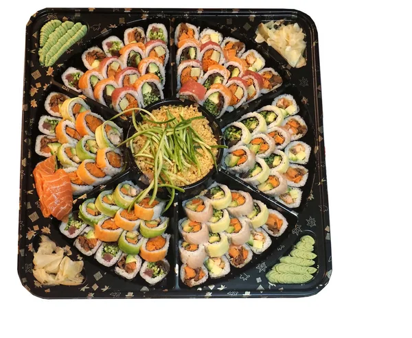 Tányér Különböző Típusú Sushi Fehér Alapon Egy Hagyományos Japán Étel — Stock Fotó