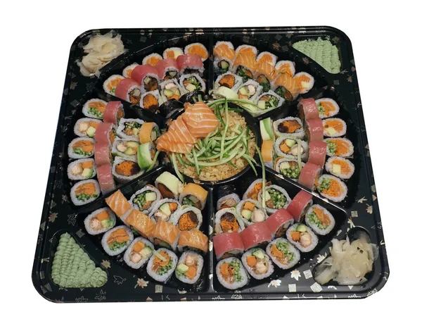 Tányér Különböző Típusú Sushi Fehér Alapon Egy Hagyományos Japán Étel — Stock Fotó