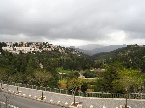 トラム停留所からの眺めヘルツル山からイスラエルのための国立ホールフォレン ヘルツル山 ロイヤリティフリーのストック画像