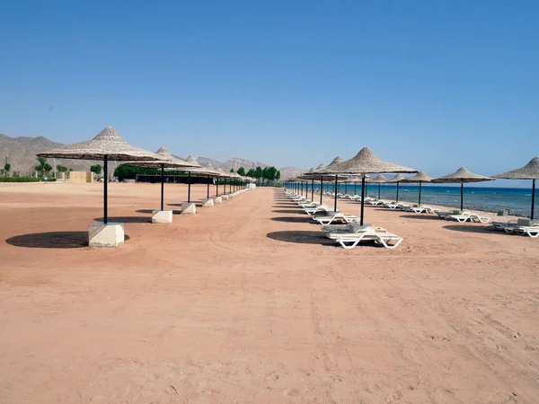 Sinai Taba Strand Med Markiser För Skugga Och Solstolar Röda — Stockfoto