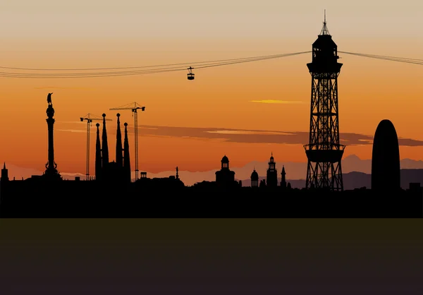 巴塞罗那的天际线轮廓与落日的天空 — 图库矢量图片