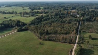 Letonya 'daki tarımsal arazi ve çayır alanlarından geçen kırsal yol manzarası