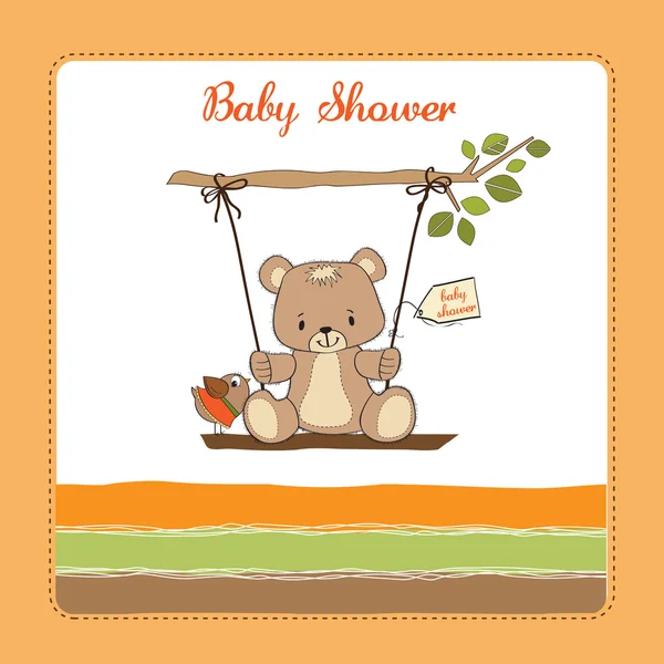 Carte de douche bébé avec ours en peluche dans une balançoire — Photo