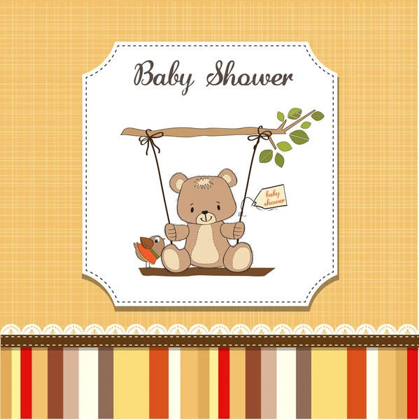 Bebek hediye kartı ve oyuncak ayı salıncakta — Stok fotoğraf