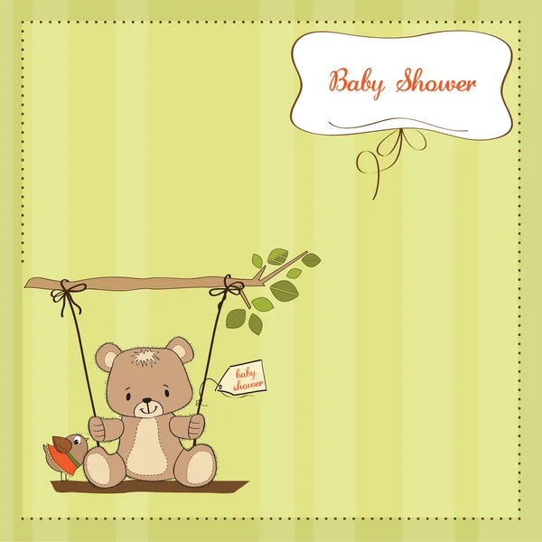 Baby shower card with teddy bear in a swing — Stock Photo, Image