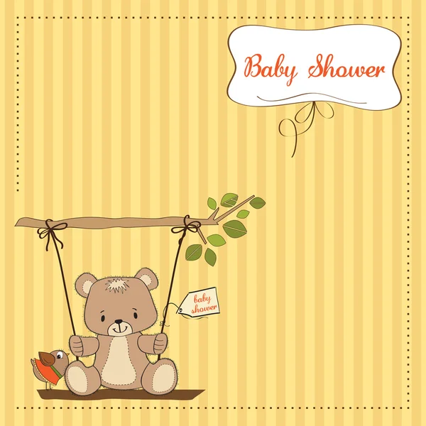 Baby shower card z misiaczkiem w huśtawce — Zdjęcie stockowe