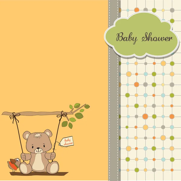 Tarjeta de ducha de bebé con oso de peluche en un columpio — Foto de Stock