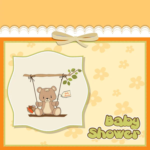 Tarjeta de ducha de bebé con oso de peluche en un columpio —  Fotos de Stock
