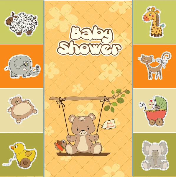 Baby shower card with teddy bear in a swing — Stock Photo, Image