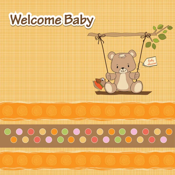Tarjeta de ducha de bebé con oso de peluche en un columpio — Foto de Stock