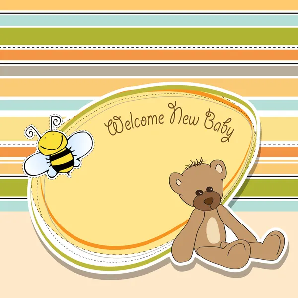 Cartão de banho de bebê dos desenhos animados com ursinho de pelúcia — Fotografia de Stock