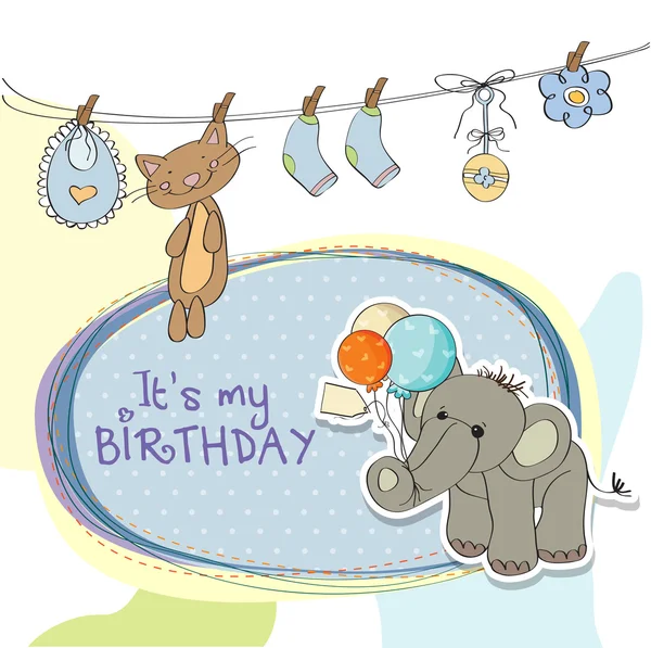 Bebê menino cartão de aniversário com elefante e balões — Fotografia de Stock