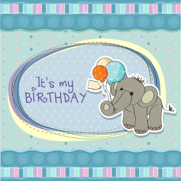 Biglietto di compleanno bambino ragazzo con elefante e palloncini — Foto Stock