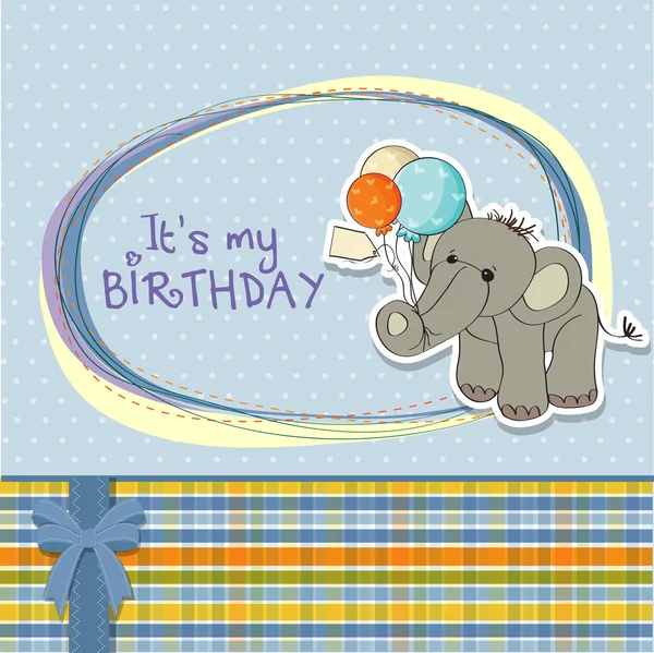 Baby pojke födelsedagskort med elefant och ballonger — Stockfoto