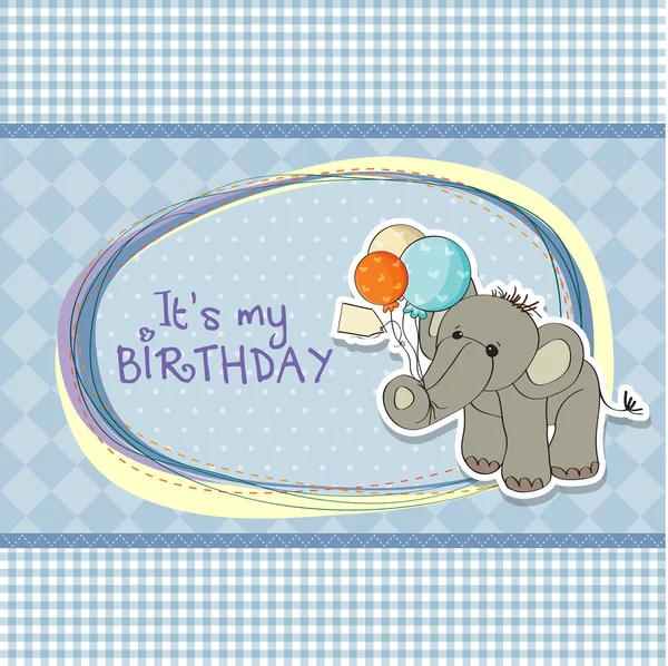 Tarjeta de cumpleaños bebé niño con elefante y globos —  Fotos de Stock