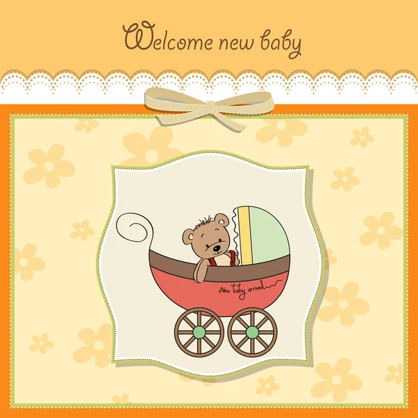 Funny teddy bear in stroller, baby announcement card — Stock Photo, Image