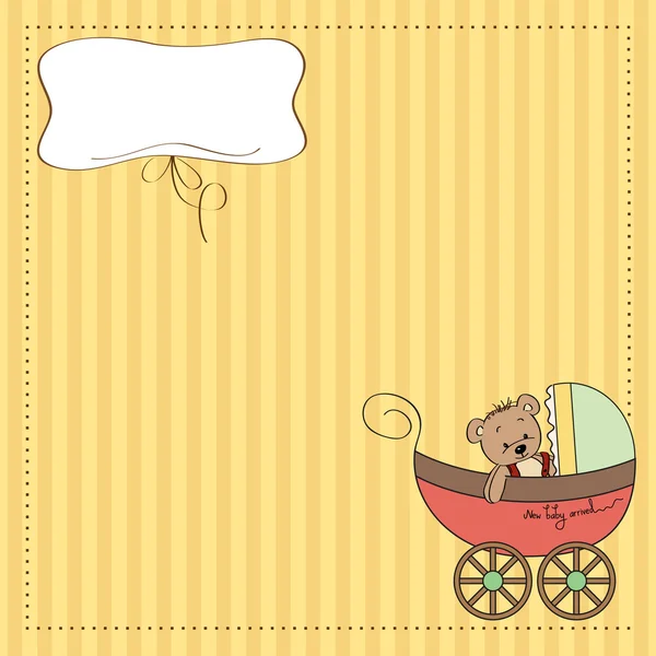 Funny teddy bear in stroller, baby announcement card — Stock Photo, Image