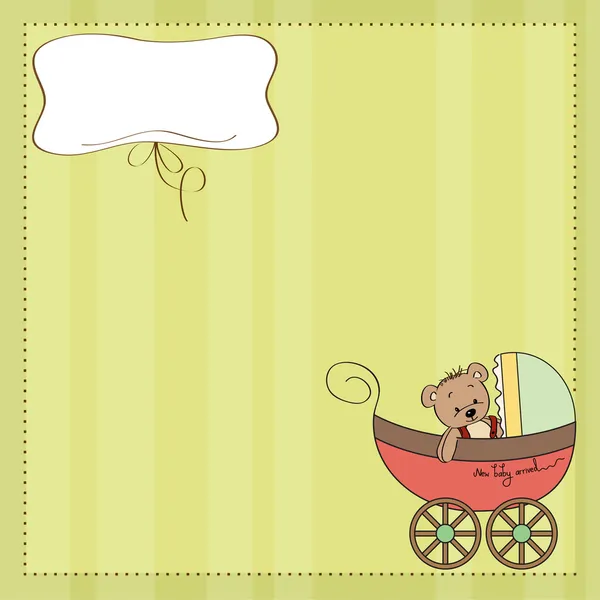 Funny teddy bear in stroller, baby announcement card — Stock Photo, Image