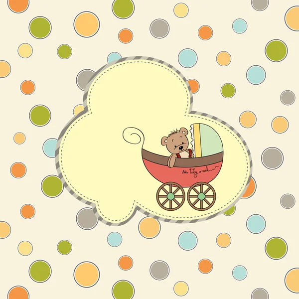Funny teddy bear in stroller, baby announcement card — Stock Photo, Image