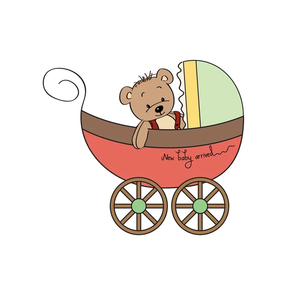 Lustiger Teddybär im Kinderwagen, Baby-Ankündigungskarte — Stockfoto
