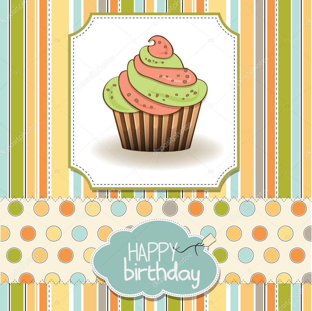 Cute happy birthday card with cupcake illustration