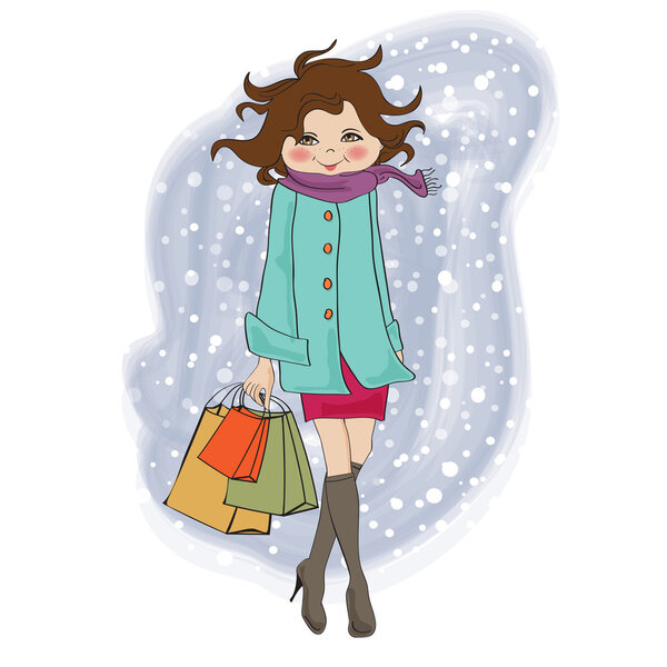 модная зимняя девушка с сумками для покупок