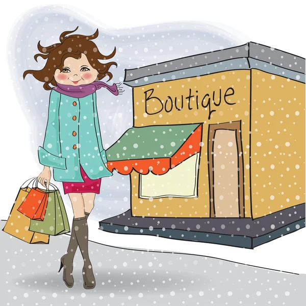 Alışveriş çantalı moda kış kızı. — Stok fotoğraf