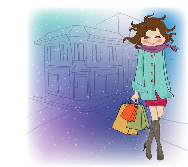 Модная зимняя девушка с сумками для покупок — стоковое фото