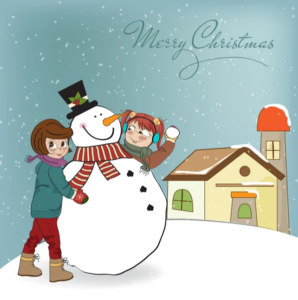 Two happy girls building a snowman illustration — Stockfoto