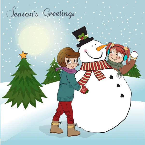 Two happy girls building a snowman illustration — Stockfoto