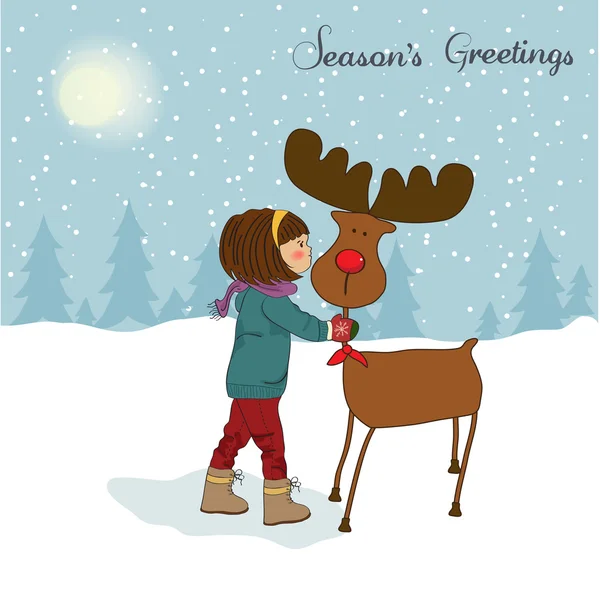 Christmas card with cute little girl caress a reindeer illustration — ストック写真