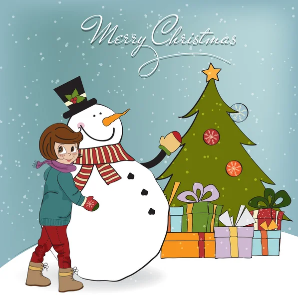 Cute little girl with snowman illustration — Stockfoto