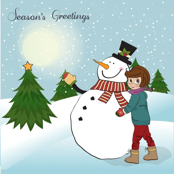 Cute little girl with snowman illustration — Stock Photo, Image