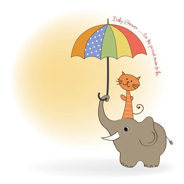Babyduschkarte mit lustigem Elefanten und kleiner Katze unter Regenschirm — Stockfoto