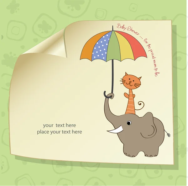 Bebek duş kartı komik fil ve şemsiyesi altında küçük kedi — Stok fotoğraf