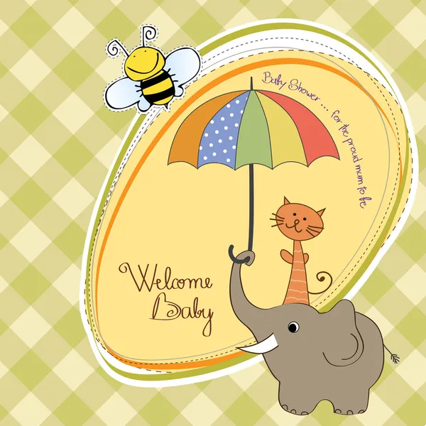 Tarjeta de ducha de bebé con elefante divertido y pequeño gato bajo paraguas —  Fotos de Stock