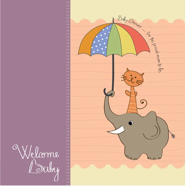 Babyduschkarte mit lustigem Elefanten und kleiner Katze unter Regenschirm — Stockfoto