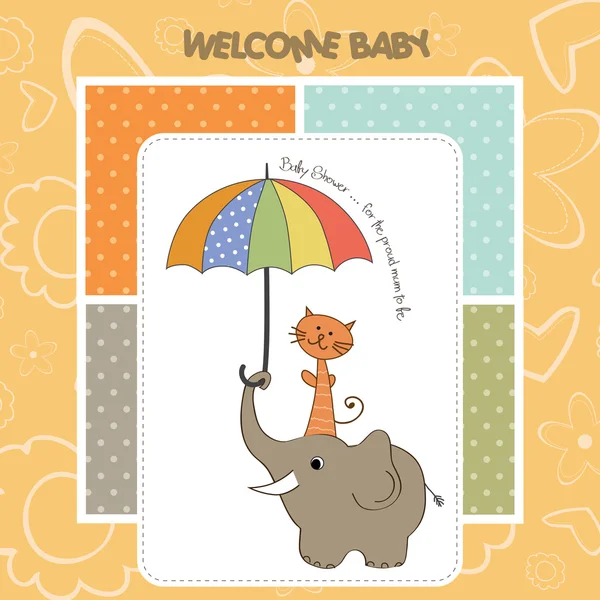 Baby shower card with funny elephant and little cat under umbrella — Stock Photo, Image