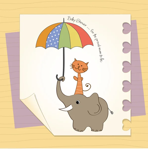 Cartão de banho de bebê com elefante engraçado e pequeno gato sob guarda-chuva — Fotografia de Stock