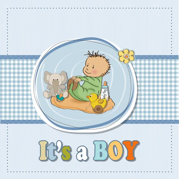 Little baby boy play with his toys shower card — Φωτογραφία Αρχείου