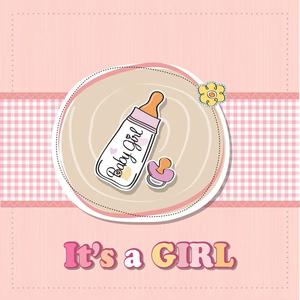 Νέα κάρτα ανακοίνωση κοριτσάκι με μπουκάλι γάλα και πιπίλα — Φωτογραφία Αρχείου