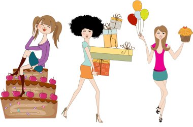 Set üç genç kızın doğum günü partisinde beyaz bac izole