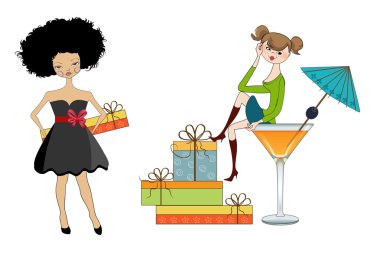 set üzerinde beyaz backgr izole hediyelerle mutlu iki genç kızların