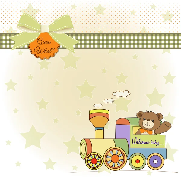 Детская открытка с плюшевым мишкой и игрушкой для поезда — стоковое фото