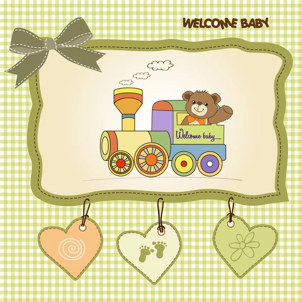 Baby shower card with teddy bear and train toy — Stock Photo, Image